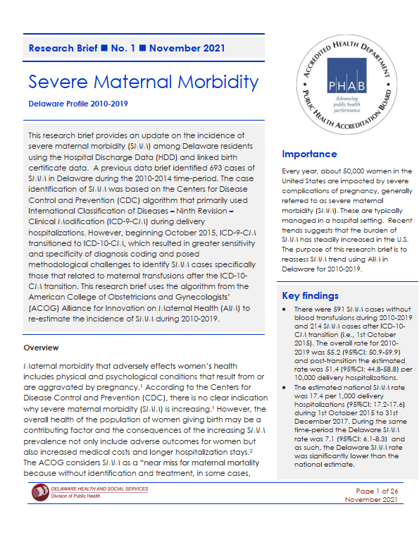 Severe Maternal Morbidity, Delaware Profile 2010-2019